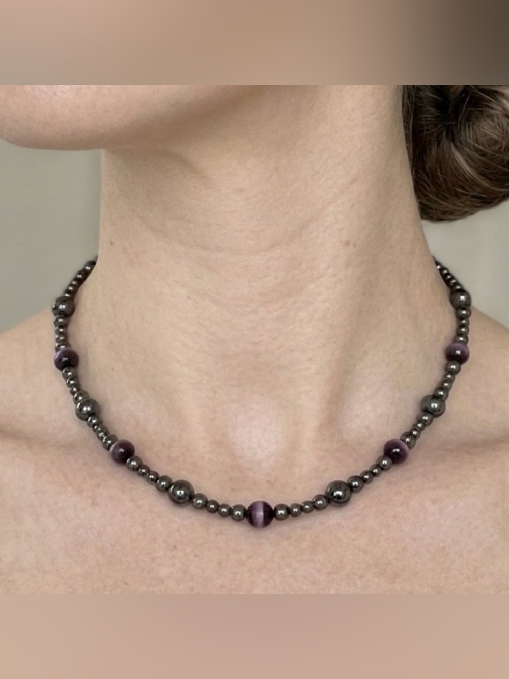 Purple Beaded Necklace Metallic Beads Boho Minimalist Magnetic Clasp